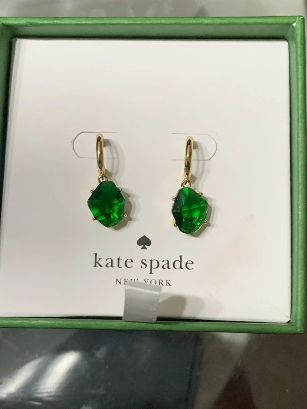 Kate Spade Gold-Tone Earrings with Emerald Green Drops. New in box.